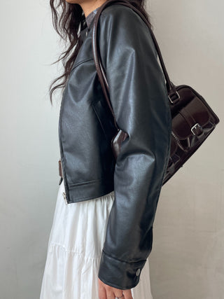 Neck Button Blouson Biker Vegan Eco Leather Jacket