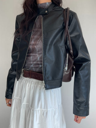 Neck Button Blouson Biker Vegan Eco Leather Jacket