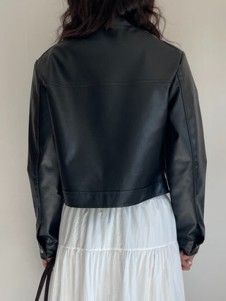Neck Button Blouson Biker Vegan Eco Leather Jacket