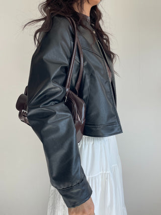 Neck Button Blouson Biker Vegan Eco Leather Jacket