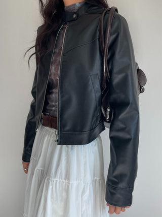 Neck Button Blouson Biker Vegan Eco Leather Jacket