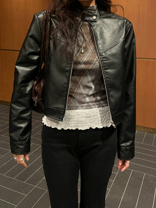 Neck Button Blouson Biker Vegan Eco Leather Jacket