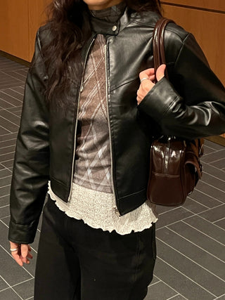 Neck Button Blouson Biker Vegan Eco Leather Jacket