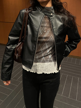 Neck Button Blouson Biker Vegan Eco Leather Jacket