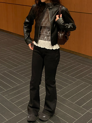 Neck Button Blouson Biker Vegan Eco Leather Jacket