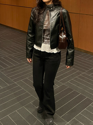 Neck Button Blouson Biker Vegan Eco Leather Jacket