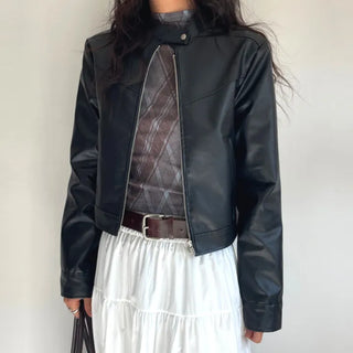 Neck Button Blouson Biker Vegan Eco Leather Jacket