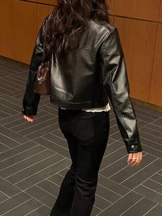 Neck Button Blouson Biker Vegan Eco Leather Jacket