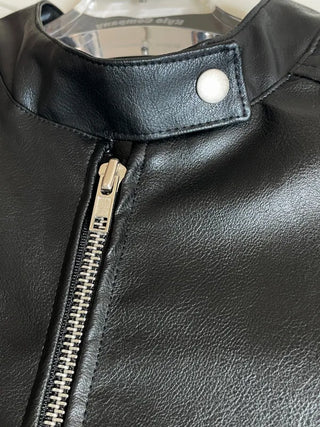 Neck Button Blouson Biker Vegan Eco Leather Jacket