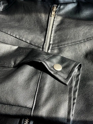 Neck Button Blouson Biker Vegan Eco Leather Jacket