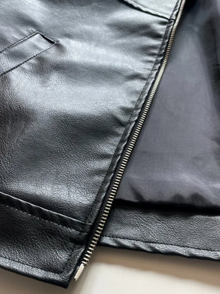 Neck Button Blouson Biker Vegan Eco Leather Jacket