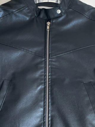 Neck Button Blouson Biker Vegan Eco Leather Jacket