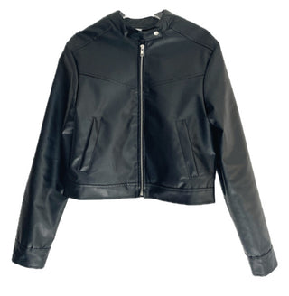 Neck Button Blouson Biker Vegan Eco Leather Jacket