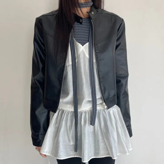 Neck Button Blouson Biker Vegan Eco Leather Jacket