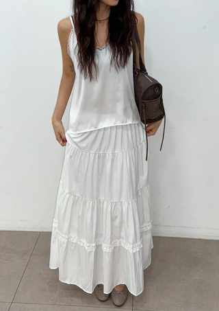 Ships Today  Tommy All-Season Long Tiered Frill Lace A-Line Spring Back-to-School Daily Skirt  Skirt