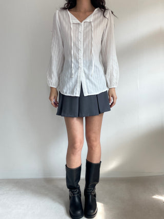Frill Lace Punching Waist String Long Sleeve Spring Blouse