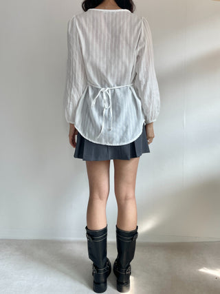 Frill Lace Punching Waist String Long Sleeve Spring Blouse