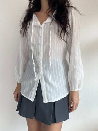 Frill Lace Punching Waist String Long Sleeve Spring Blouse