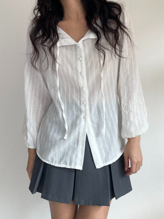 Frill Lace Punching Waist String Long Sleeve Spring Blouse