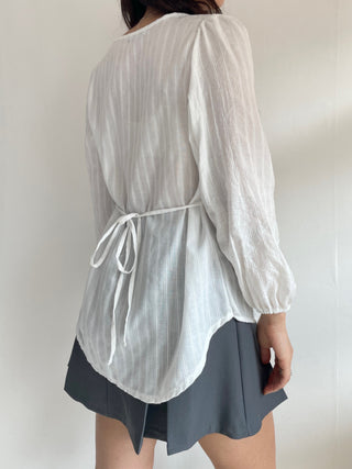 Frill Lace Punching Waist String Long Sleeve Spring Blouse