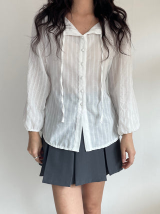 Frill Lace Punching Waist String Long Sleeve Spring Blouse