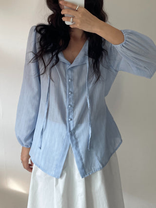 Frill Lace Punching Waist String Long Sleeve Spring Blouse