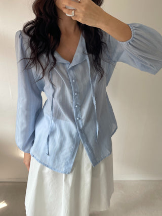 Frill Lace Punching Waist String Long Sleeve Spring Blouse