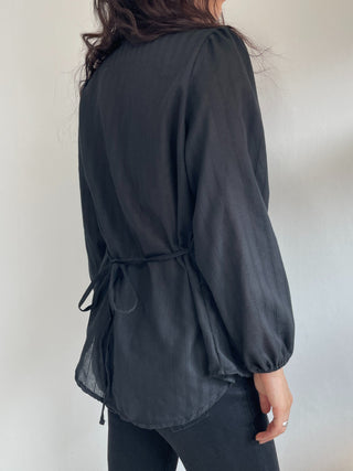 Frill Lace Punching Waist String Long Sleeve Spring Blouse