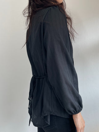 Frill Lace Punching Waist String Long Sleeve Spring Blouse