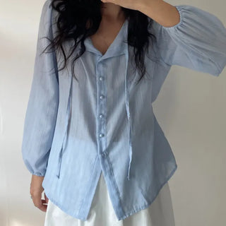 Frill Lace Punching Waist String Long Sleeve Spring Blouse