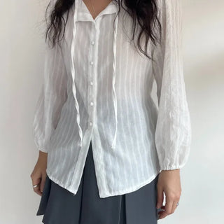 Frill Lace Punching Waist String Long Sleeve Spring Blouse
