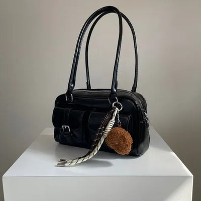 Buckle Baguette Square Glossy Vegan Leather Shoulder Bag