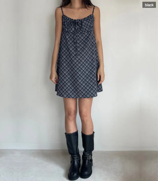Bustier Korean Sleeveless Shirred Midi Layered Check Midi Dress