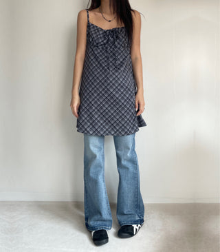 Bustier Korean Sleeveless Shirred Midi Layered Check Midi Dress