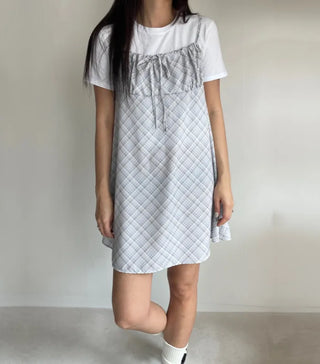 Bustier Korean Sleeveless Shirred Midi Layered Check Midi Dress