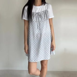 Bustier Korean Sleeveless Shirred Midi Layered Check Midi Dress