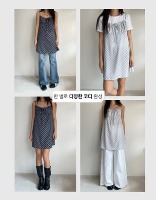Bustier Korean Sleeveless Shirred Midi Layered Check Midi Dress