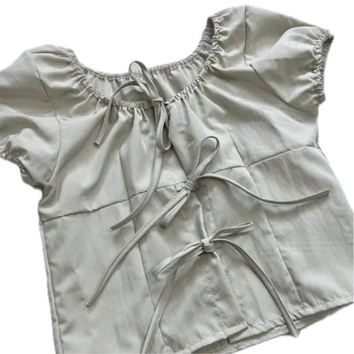 Summer Ribbon Short Sleeve Chiffon Frill Banding Blouse