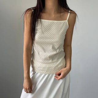 Summer Dot Ribbed Sleeveless Inner Square Neck Strappy Top