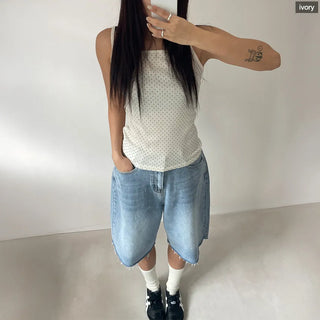 Summer Dot Ribbed Sleeveless Inner Square Neck Strappy Top