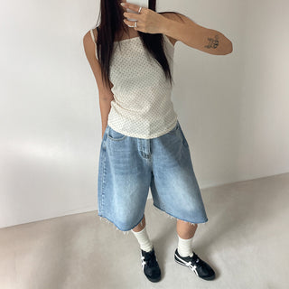Summer Dot Ribbed Sleeveless Inner Square Neck Strappy Top