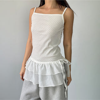 Summer Dot Ribbed Sleeveless Inner Square Neck Strappy Top