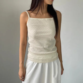 Summer Dot Ribbed Sleeveless Inner Square Neck Strappy Top