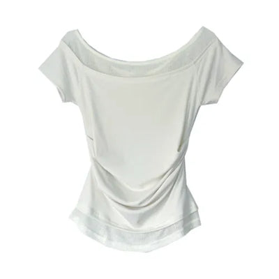 Color-block Layered Off-shoulder Shoulder Cutout Shirred Rayon Short Sleeve T-shirt