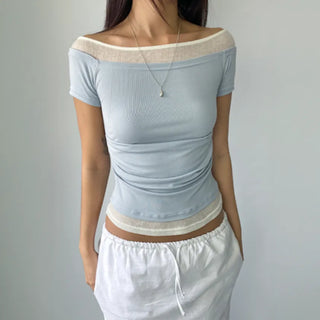 Color-block Layered Off-shoulder Shoulder Cutout Shirred Rayon Short Sleeve T-shirt