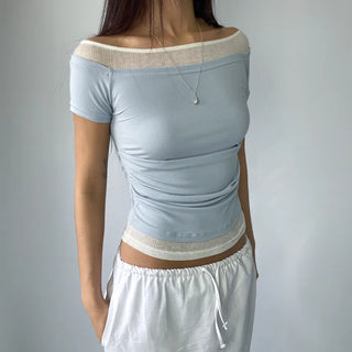 Color-block Layered Off-shoulder Shoulder Cutout Shirred Rayon Short Sleeve T-shirt