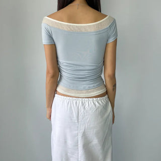 Color-block Layered Off-shoulder Shoulder Cutout Shirred Rayon Short Sleeve T-shirt