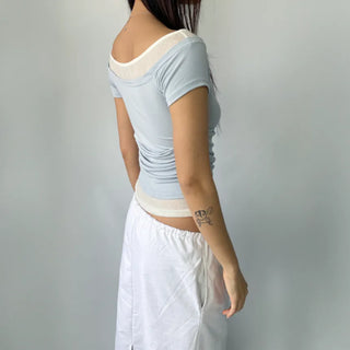 Color-block Layered Off-shoulder Shoulder Cutout Shirred Rayon Short Sleeve T-shirt