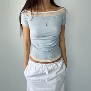 Color-block Layered Off-shoulder Shoulder Cutout Shirred Rayon Short Sleeve T-shirt
