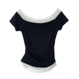 Color-block Layered Off-shoulder Shoulder Cutout Shirred Rayon Short Sleeve T-shirt